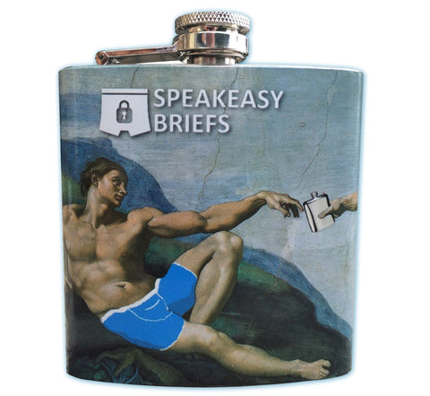 Front of Speakeasy Briefs Stainless Steel 6 Oz Flask